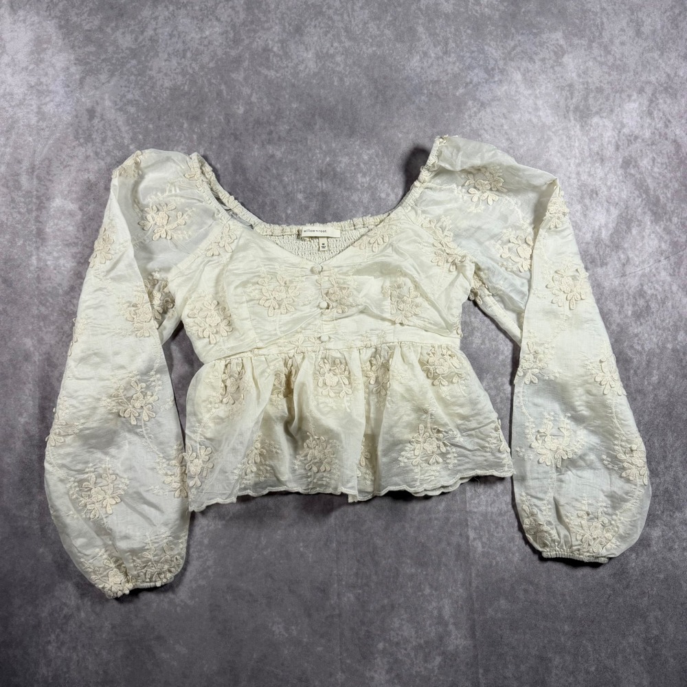 Willow + Root Cream Floral Embroidered Peplum Top Long Puff Sleeve Smocked M